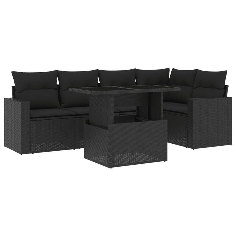 6-delige Loungeset met kussens poly rattan zwart