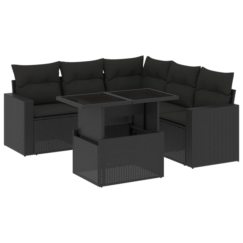6-delige Loungeset met kussens poly rattan zwart