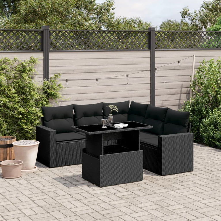 6-delige Loungeset met kussens poly rattan zwart