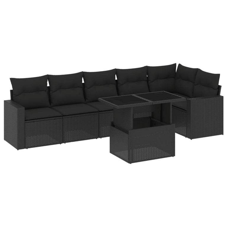 7-delige Loungeset met kussens poly rattan zwart