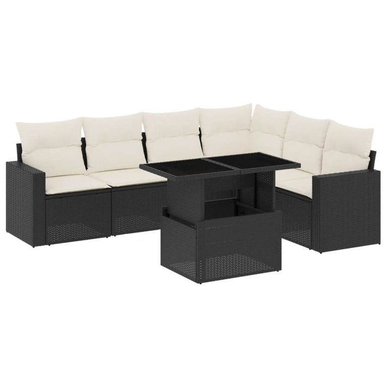7-delige Loungeset met kussens poly rattan zwart
