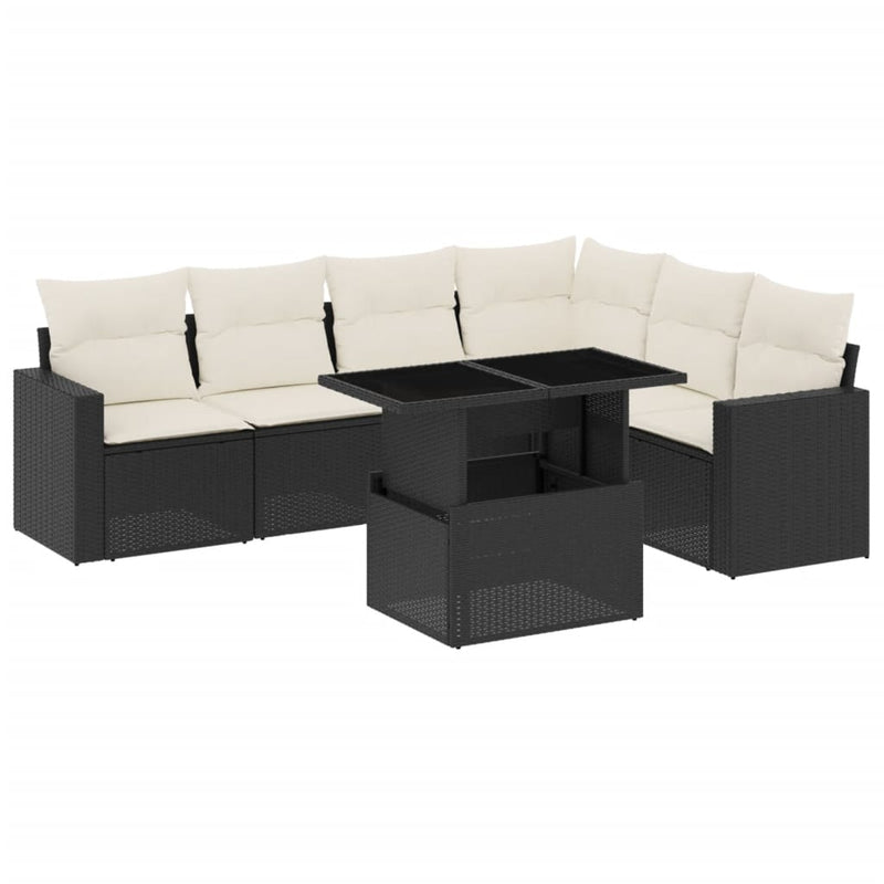 7-delige Loungeset met kussens poly rattan zwart