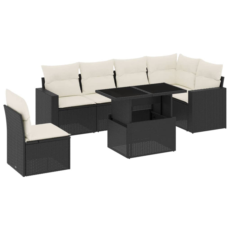 7-delige Loungeset met kussens poly rattan zwart