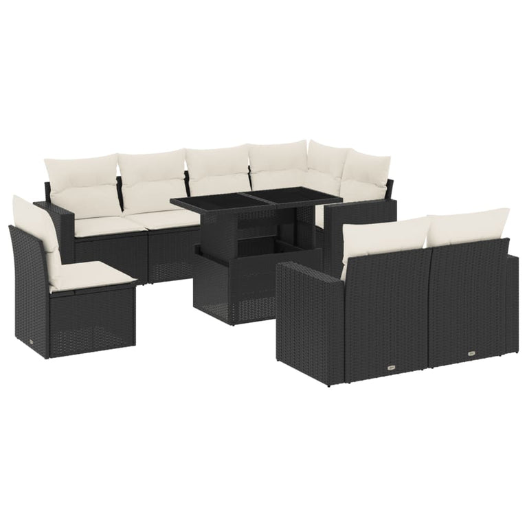 9-delige Loungeset met kussens poly rattan zwart