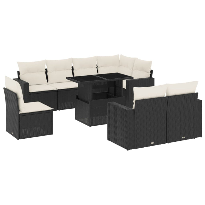 9-delige Loungeset met kussens poly rattan zwart