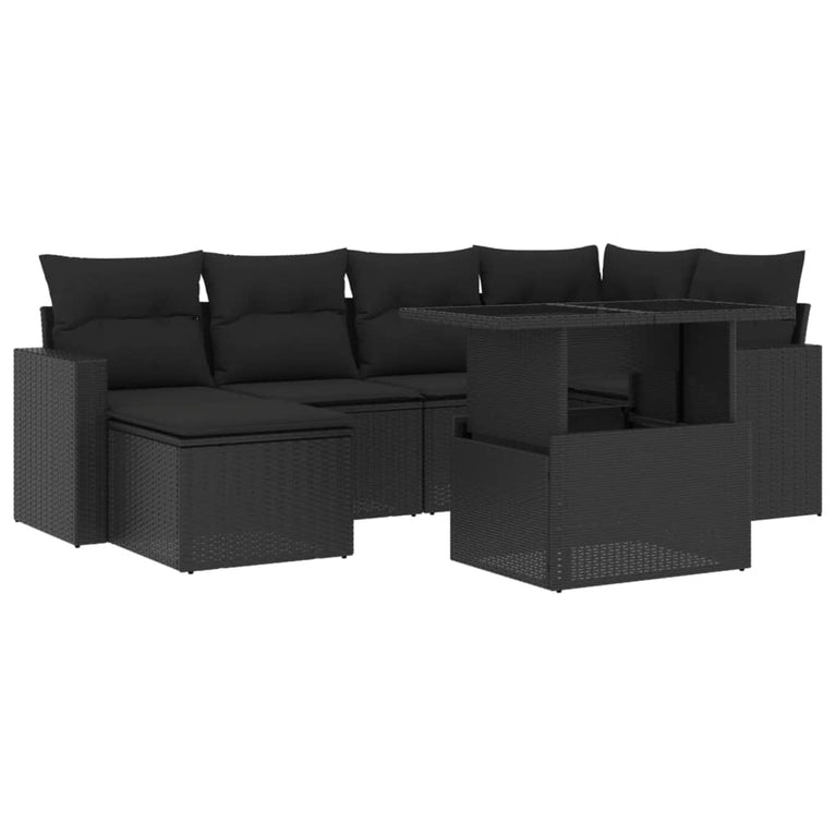 7-delige Loungeset met kussens poly rattan zwart