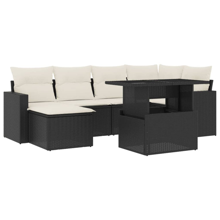 7-delige Loungeset met kussens poly rattan zwart