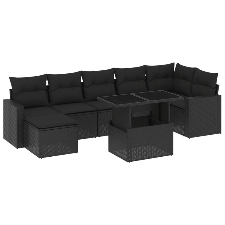 8-delige Loungeset met kussens poly rattan zwart