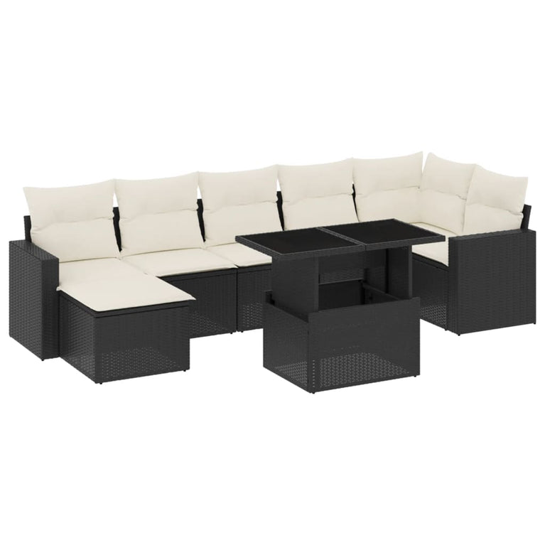 8-delige Loungeset met kussens poly rattan zwart