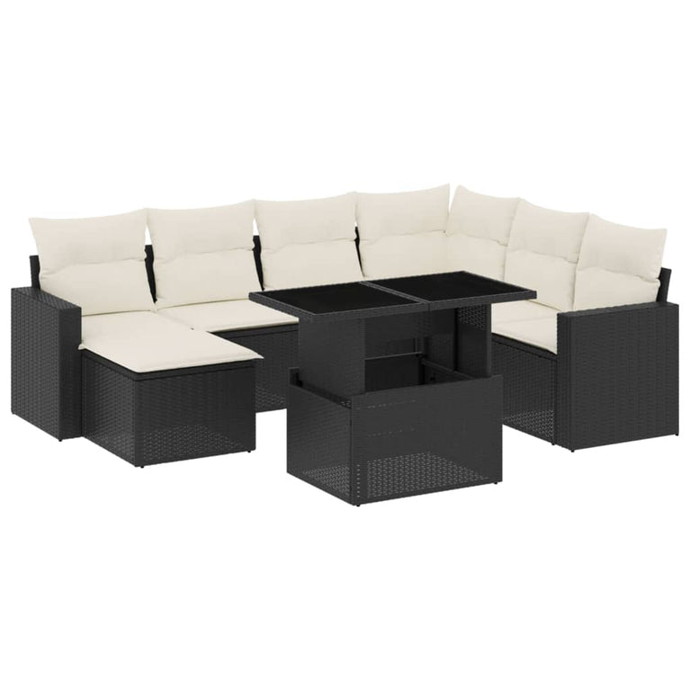8-delige Loungeset met kussens poly rattan zwart