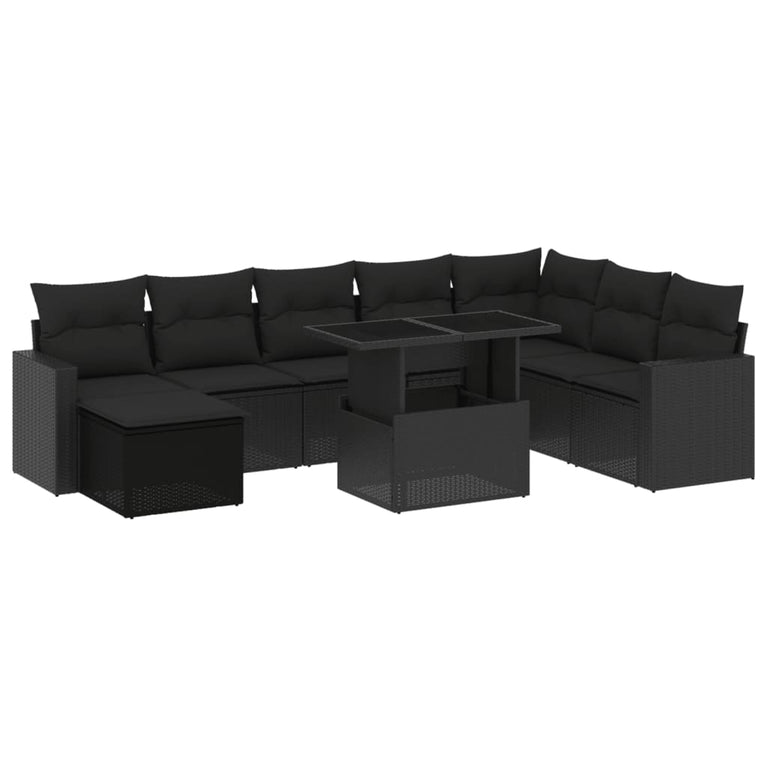 9-delige Loungeset met kussens poly rattan zwart