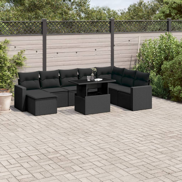 9-delige Loungeset met kussens poly rattan zwart