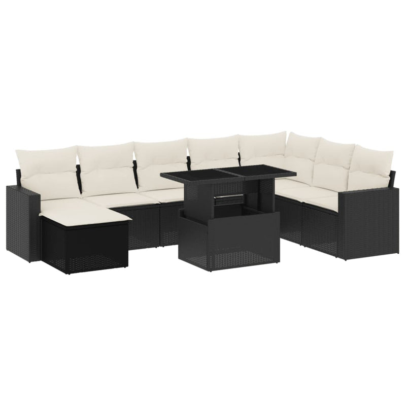 9-delige Loungeset met kussens poly rattan zwart