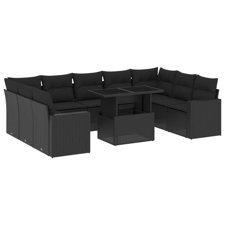 10-delige Loungeset met kussens poly rattan zwart