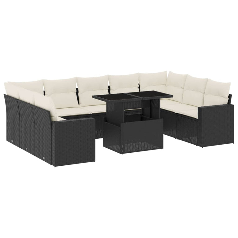 10-delige Loungeset met kussens poly rattan zwart