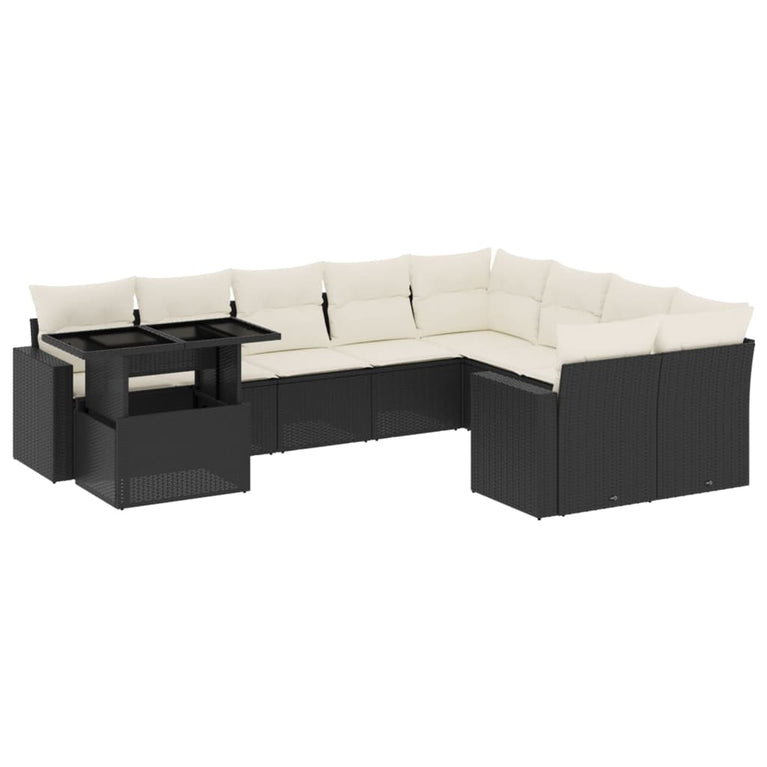 10-delige Loungeset met kussens poly rattan zwart