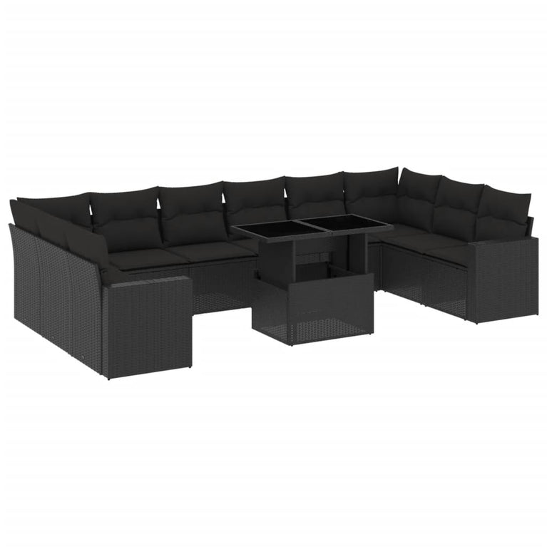 11-delige Loungeset met kussens poly rattan zwart