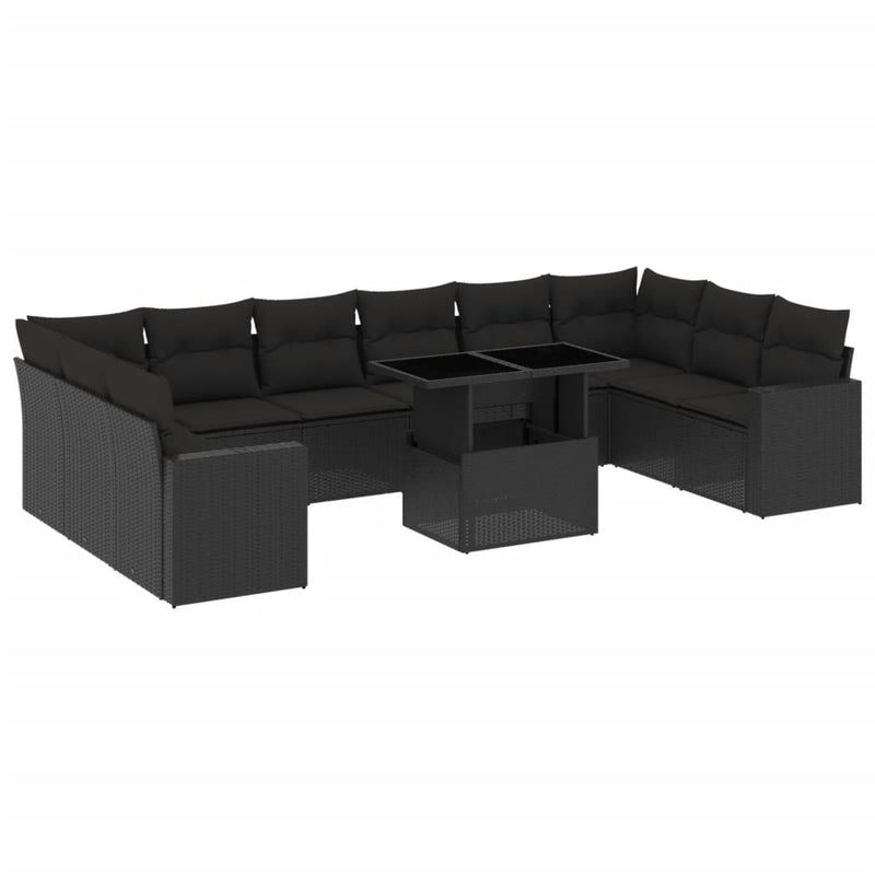 11-delige Loungeset met kussens poly rattan zwart