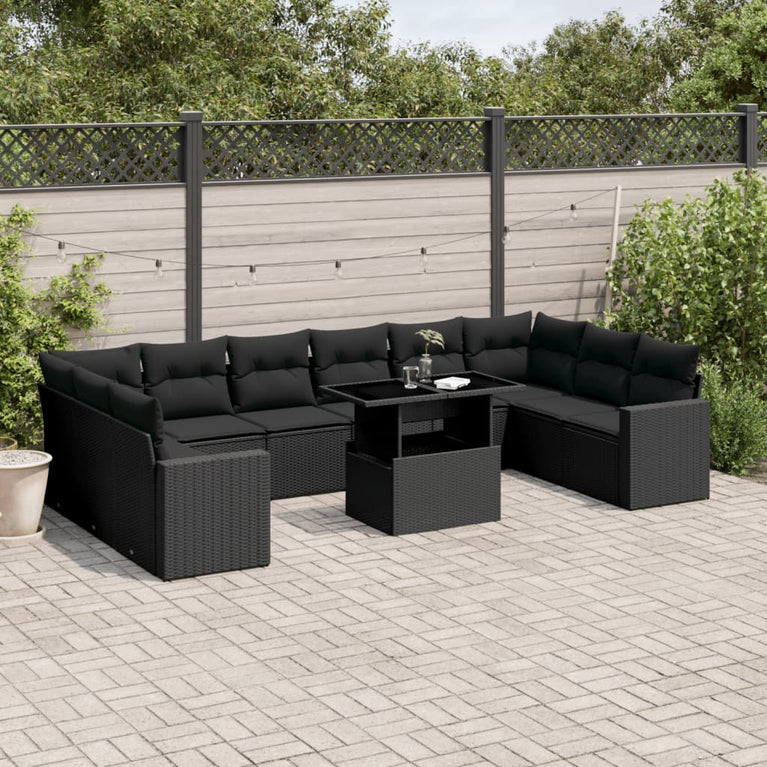 11-delige Loungeset met kussens poly rattan zwart