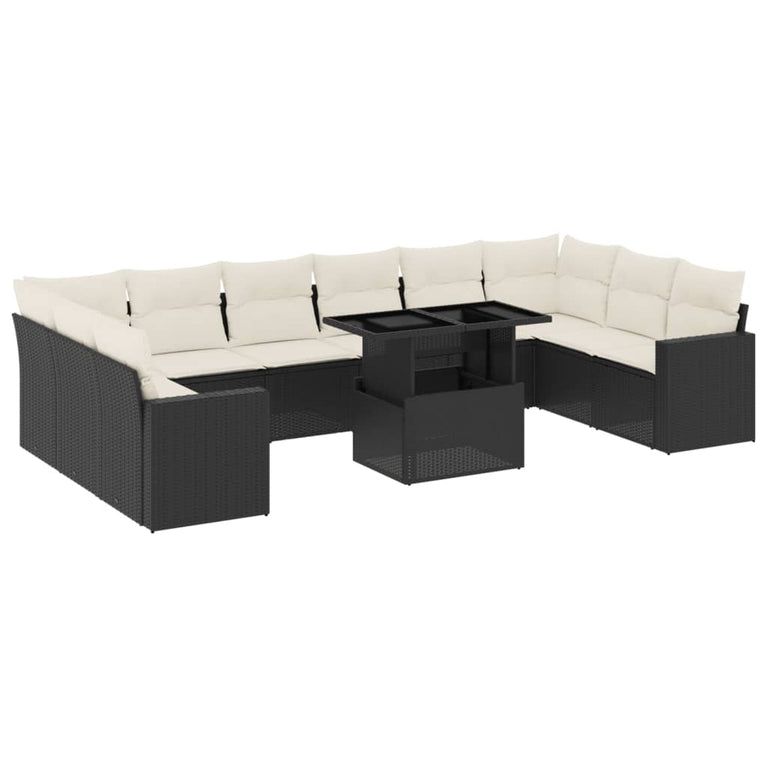 11-delige Loungeset met kussens poly rattan zwart