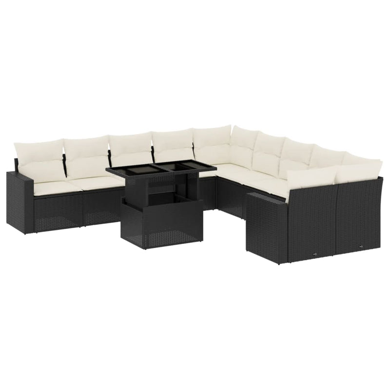 11-delige Loungeset met kussens poly rattan zwart