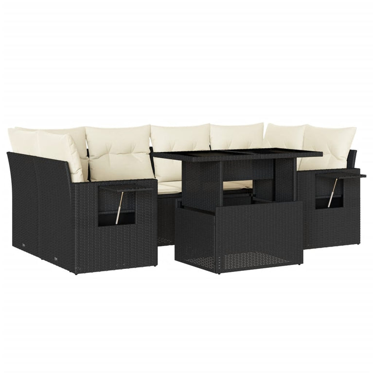 7-delige Loungeset met kussens poly rattan zwart