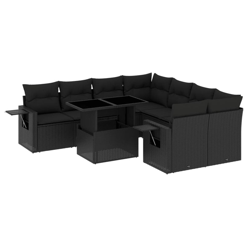 9-delige Loungeset met kussens poly rattan zwart
