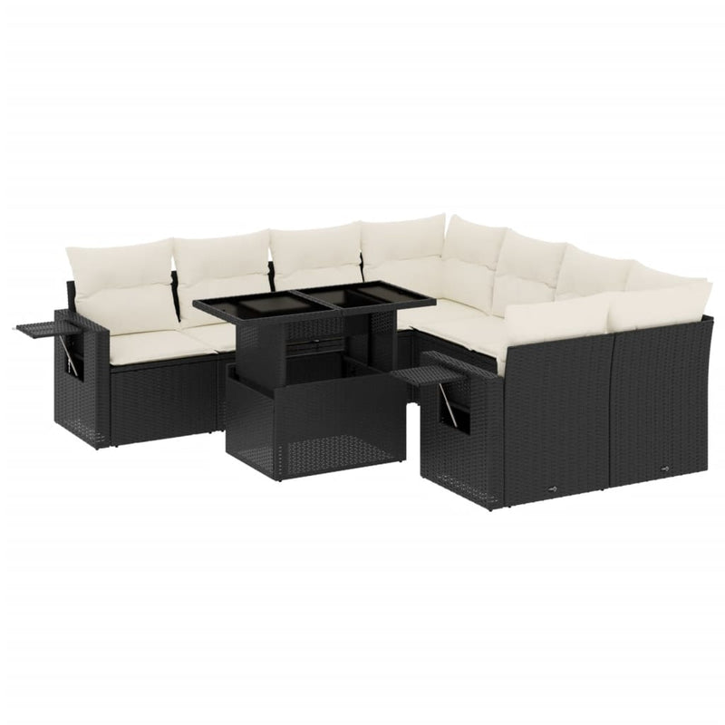 9-delige Loungeset met kussens poly rattan zwart