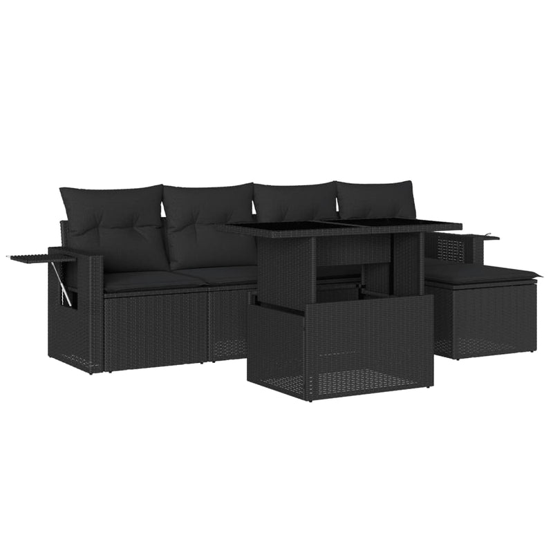 6-delige Loungeset met kussens poly rattan zwart