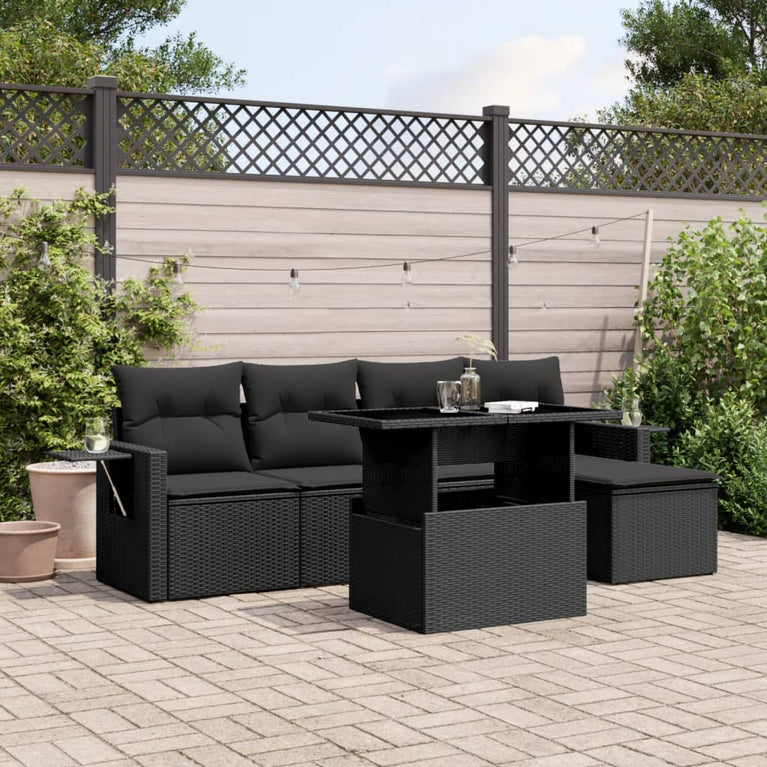6-delige Loungeset met kussens poly rattan zwart
