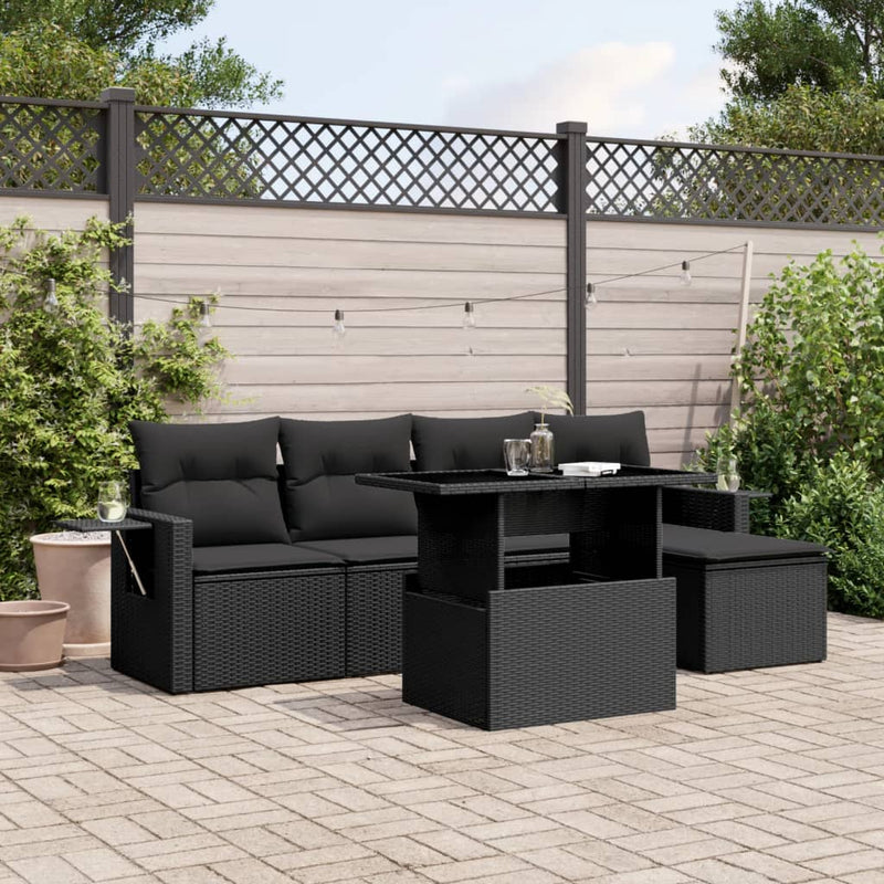 6-delige Loungeset met kussens poly rattan zwart