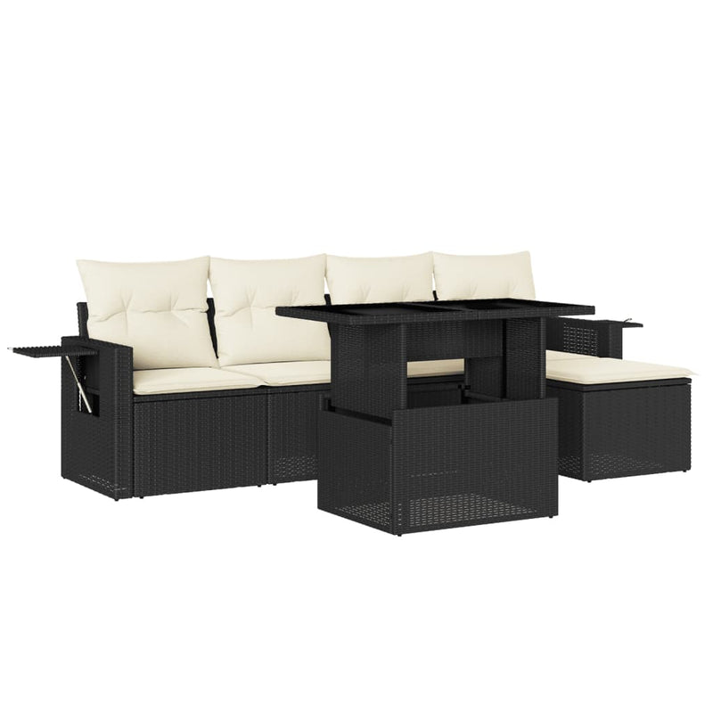 6-delige Loungeset met kussens poly rattan zwart