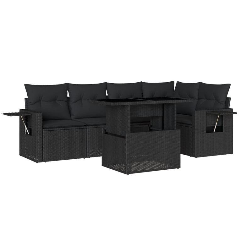 6-delige Loungeset met kussens poly rattan zwart