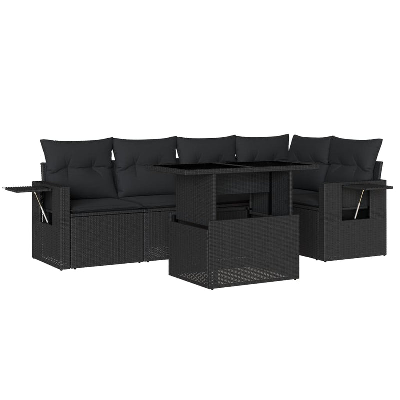 6-delige Loungeset met kussens poly rattan zwart