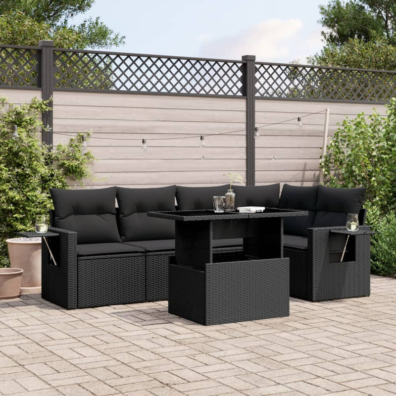 6-delige Loungeset met kussens poly rattan zwart