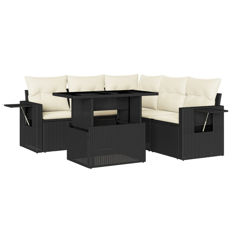 6-delige Loungeset met kussens poly rattan zwart