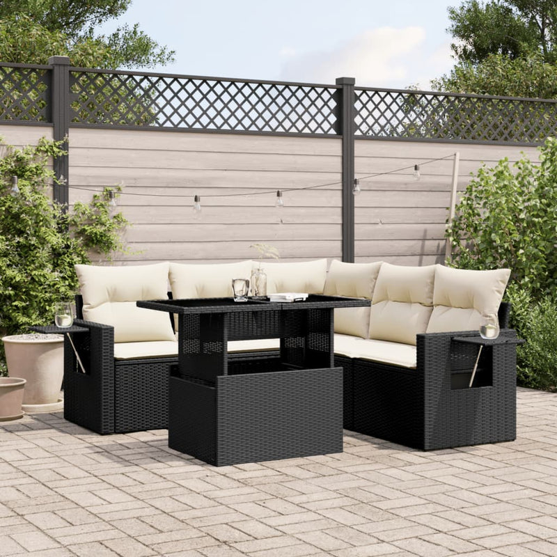 6-delige Loungeset met kussens poly rattan zwart