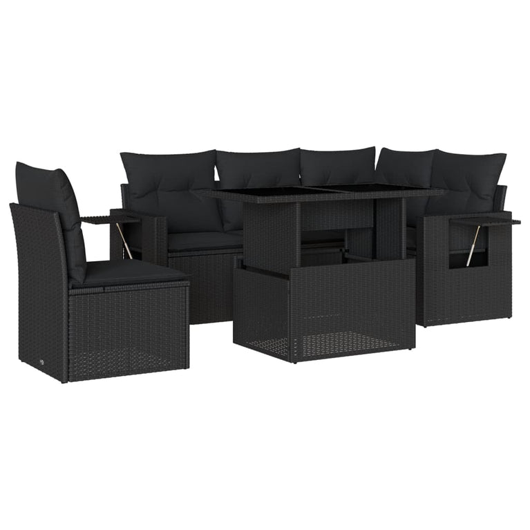6-delige Loungeset met kussens poly rattan zwart