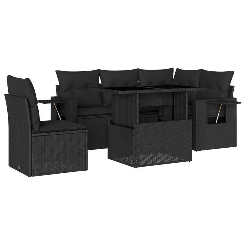 6-delige Loungeset met kussens poly rattan zwart