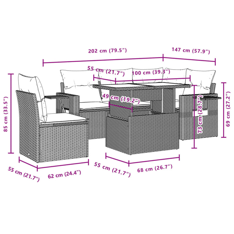 6-delige Loungeset met kussens poly rattan zwart