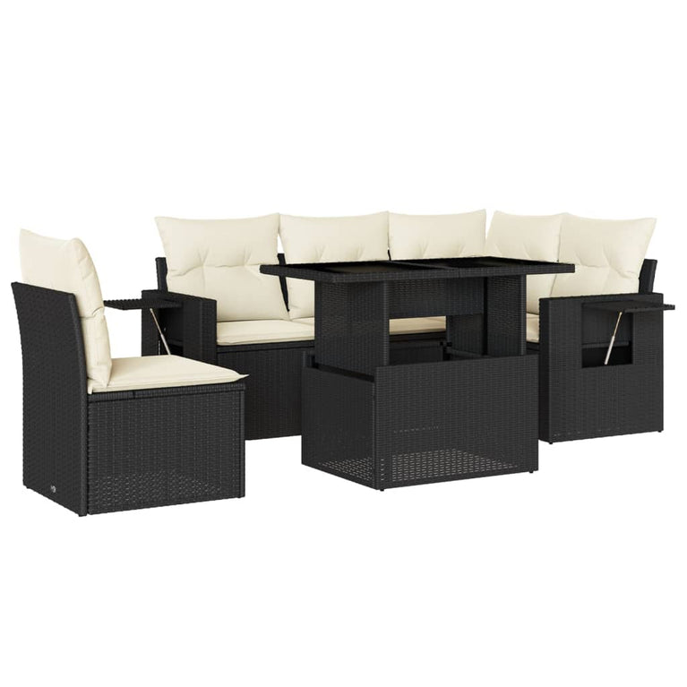 6-delige Loungeset met kussens poly rattan zwart
