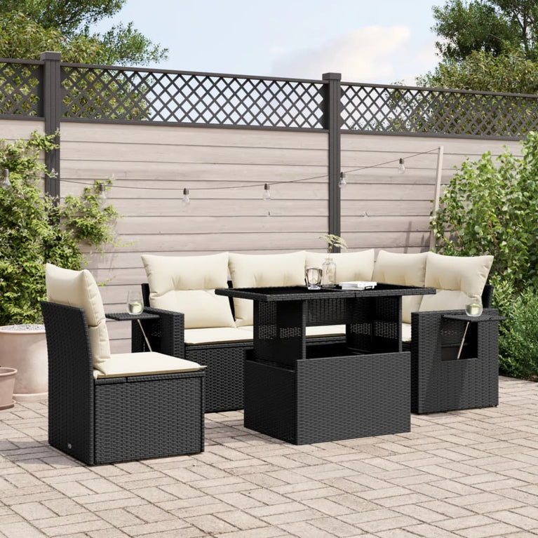 6-delige Loungeset met kussens poly rattan zwart