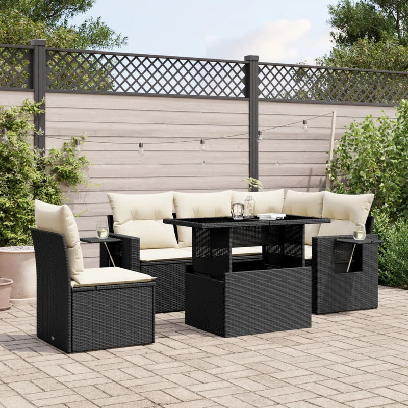 6-delige Loungeset met kussens poly rattan zwart