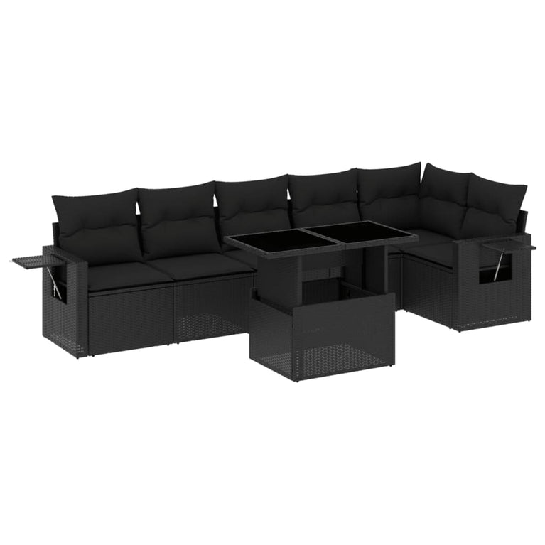 7-delige Loungeset met kussens poly rattan zwart