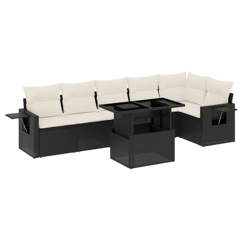 7-delige Loungeset met kussens poly rattan zwart
