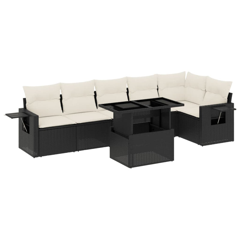7-delige Loungeset met kussens poly rattan zwart