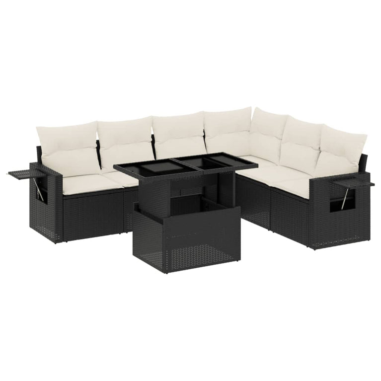 7-delige Loungeset met kussens poly rattan zwart