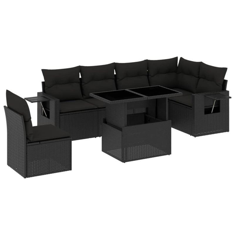 7-delige Loungeset met kussens poly rattan zwart