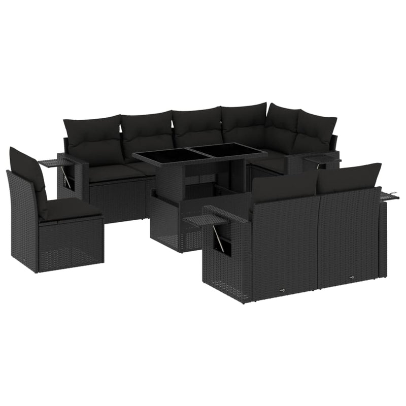 9-delige Loungeset met kussens poly rattan zwart