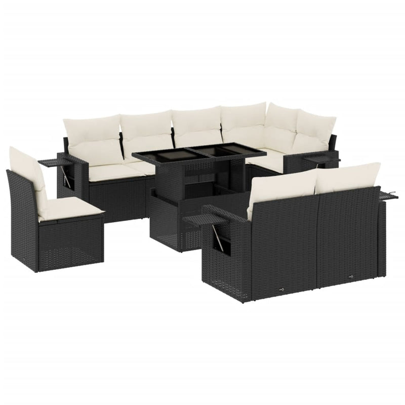 9-delige Loungeset met kussens poly rattan zwart
